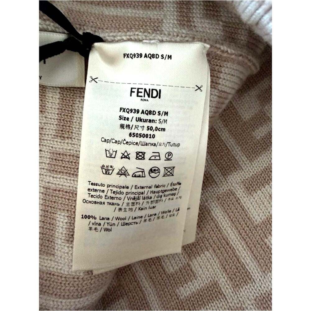 Fendi FF Logo Knit Beanie Hat Beige Wool